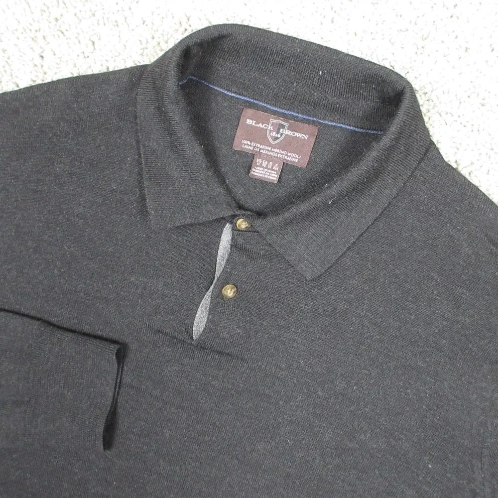 Black Brown 1826 Men XL Black Solid Extrafine Merino Wool Collared Polo Pullover